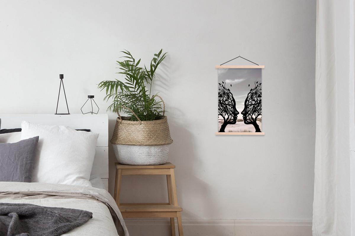 POSTER MIT MAGNETLEISTEN Strand - Meer - Menschen - Baum - Moderne Kunst Deko Wohnzimmer 40x60 cm - Hellgrau, Textil (40/60/0.15cm) - MuchoWow
