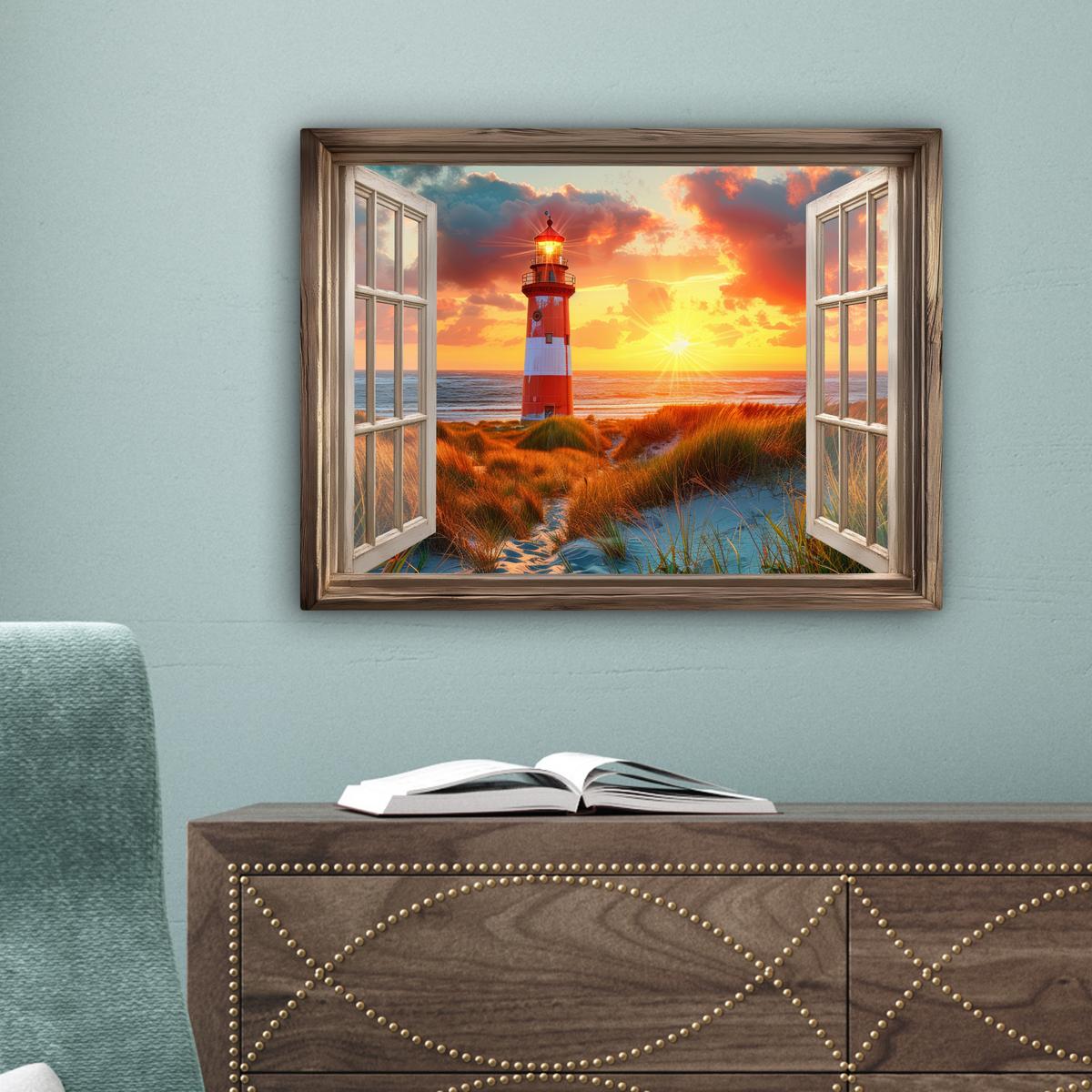 LEINWANDBILD Aussicht - Fenster - Leuchtturm - Sonnenuntergang - Strand Wandbild 40x30 cm - Dunkelorange, Textil (40/30cm) - MuchoWow