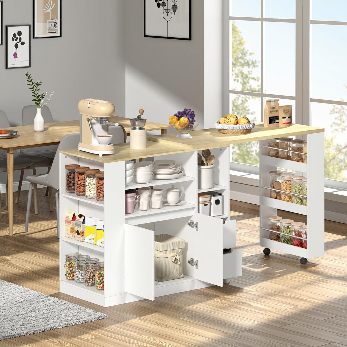 BARTISCH kücheninsel ausziehbar holzoptik stauraum - Weiß, Holzwerkstoff (50/115/92cm) - Urban Meuble