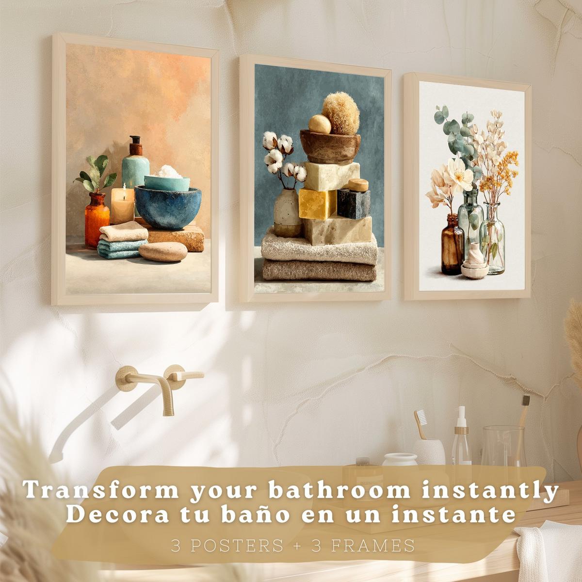 POSTER 3er-Set dekorative Badezimmer-Wandbilder und für Waschbecken, Dusche, WC mit Kerzen, Seifen und Blumen, farbenfroher Leichter Holzrahmen A3 - Beige, Papier (42/29.7/3cm) - Nacnic