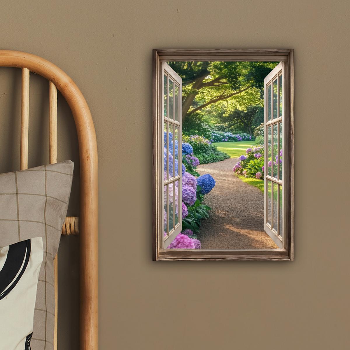 LEINWANDBILD Aussicht - Garten - Fenster - Hortensie - Blumen Deko Wohnzimmer 20x30 cm - Pastellblau, Textil (20/30cm) - MuchoWow