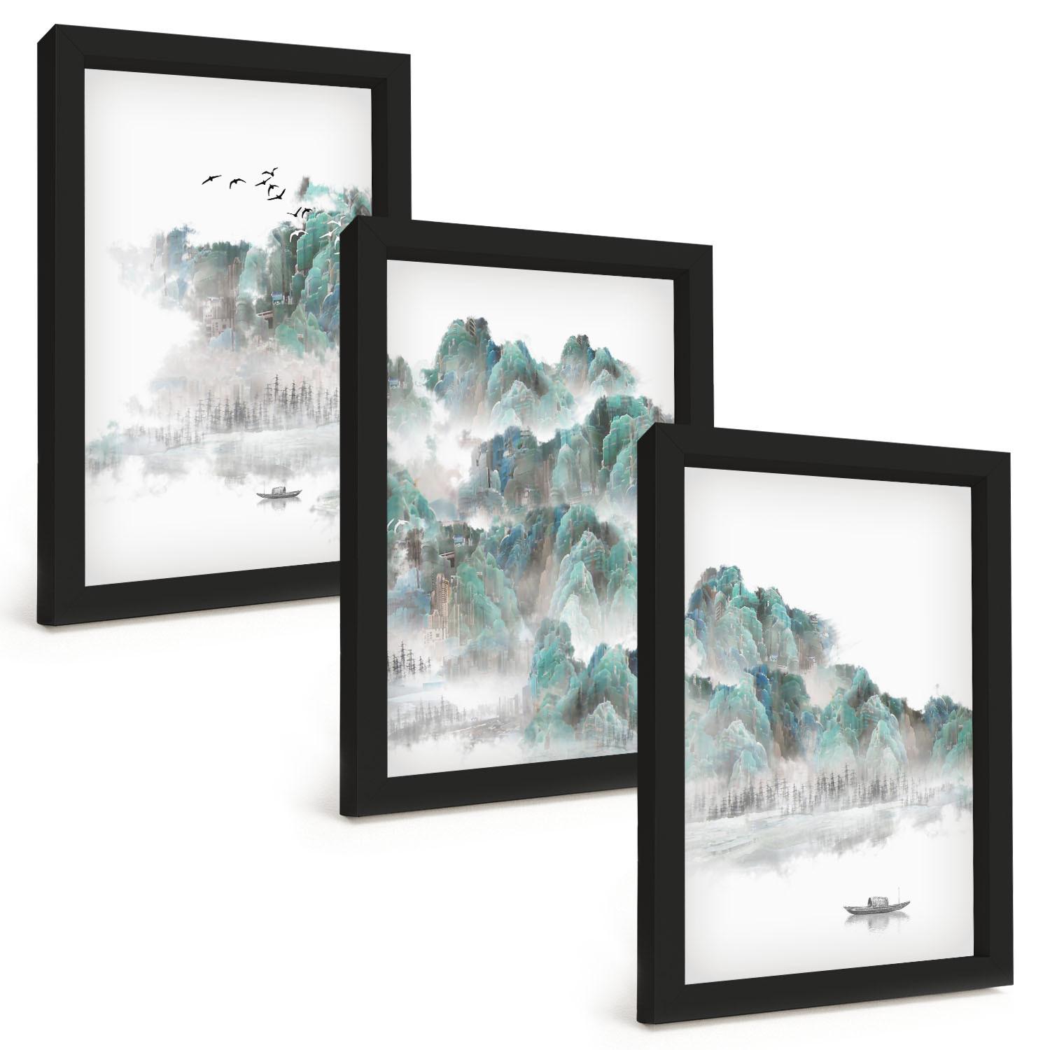 BILDER SET 3er Set - 20x30 cm Schwarzer Rahmen - Berge, Wolken, Vögel, Boot, Japandi - Schwarz, Kunststoff (20/30cm) - TULUP