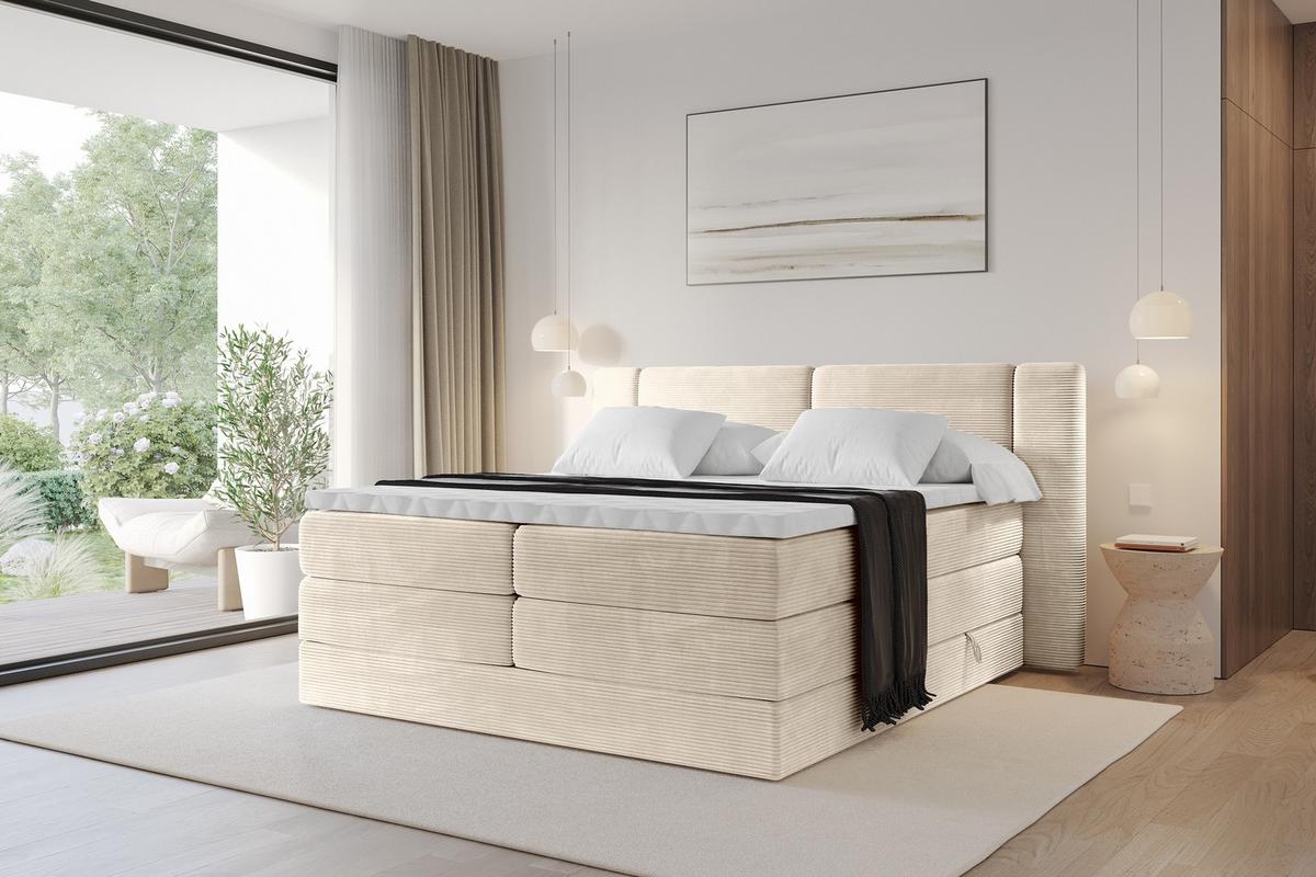 BOXSPRINGBETT mit Matratze H3/H4 - EVON KING - 180x200 cm Beige - Ecru, Holzwerkstoff (180/200cm) - ALTDECOR