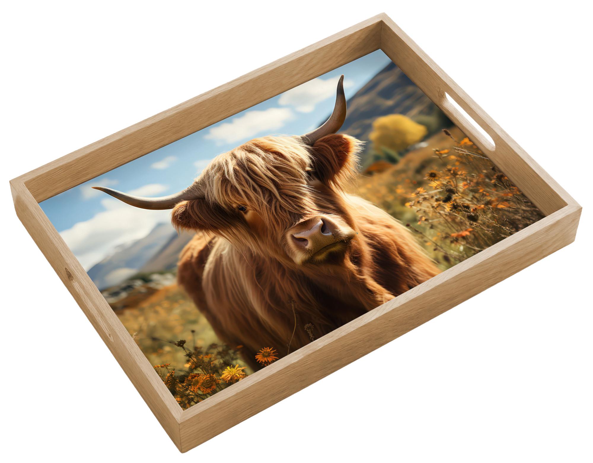 TABLETT Schottische Highlander - Blumen - Hörner - Wolken 50x35 cm - Braun, Holz (50/5/5cm) - OnlyWow