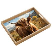 TABLETT Schottische Highlander - Blumen - Hörner - Wolken 50x35 cm - Braun, Holz (50/5/5cm) - OnlyWow
