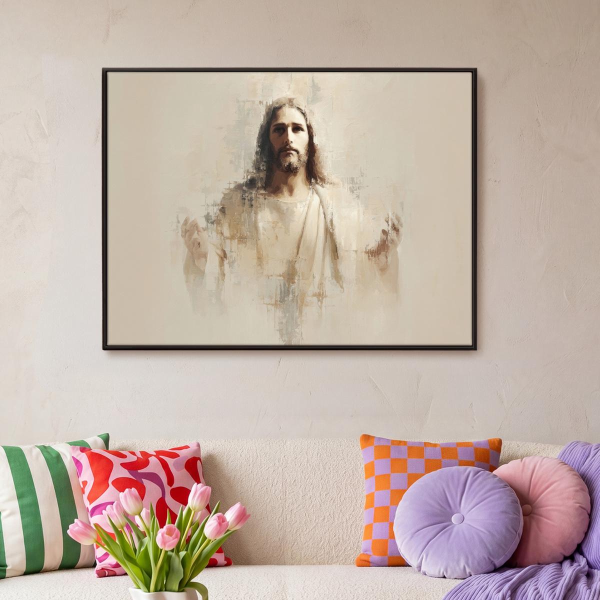 LEINWAND Bilder mit Rahmen - Porträt - Abstrakt - Jesus - Beige - 100x70 - Beige, Textil (100/70cm) - MuchoWow