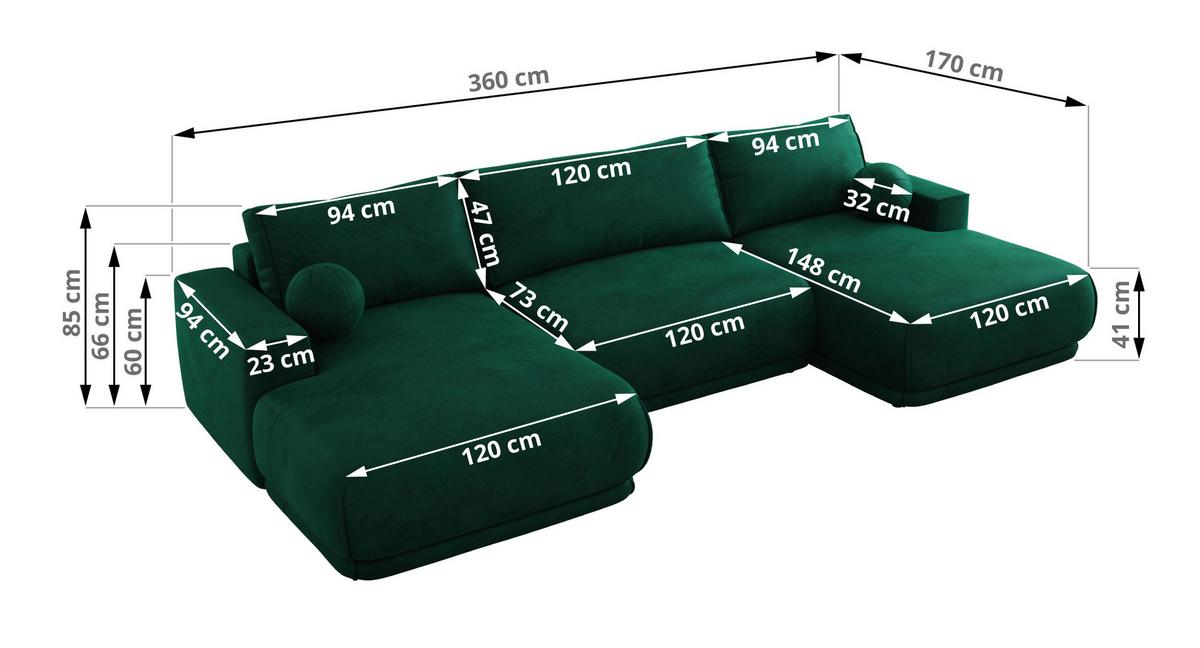 WOHNLANDSCHAFT RINA U Dunkelgrün Velvet - Dunkelgrün/Schwarz, Kunststoff/Textil (360/85/170cm) - MKS