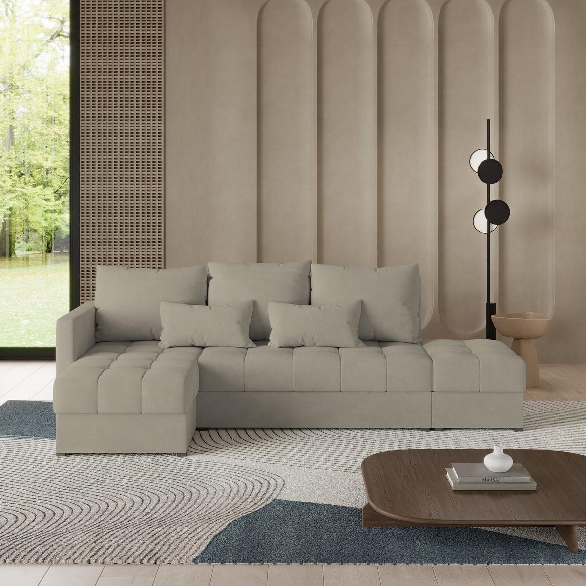 ECKSOFA LUMARI L-S Beige Plüsch-Stoff mit Schlaffunktion - Beige, Holz (262/143cm) - MASSENO