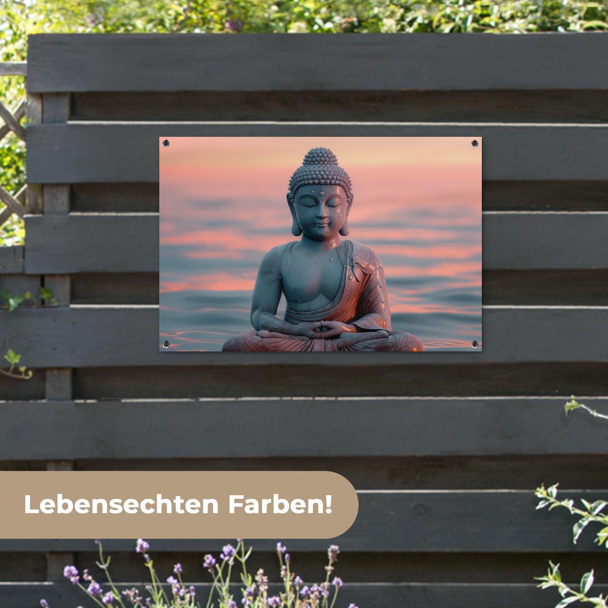 GARTENPOSTER Buddha - Statue - Buddha - Wasser - Kunst - Buddha Gartendeko 90x60 cm - Blaugrau, Kunststoff (90/60/0.2cm) - OnlyWow