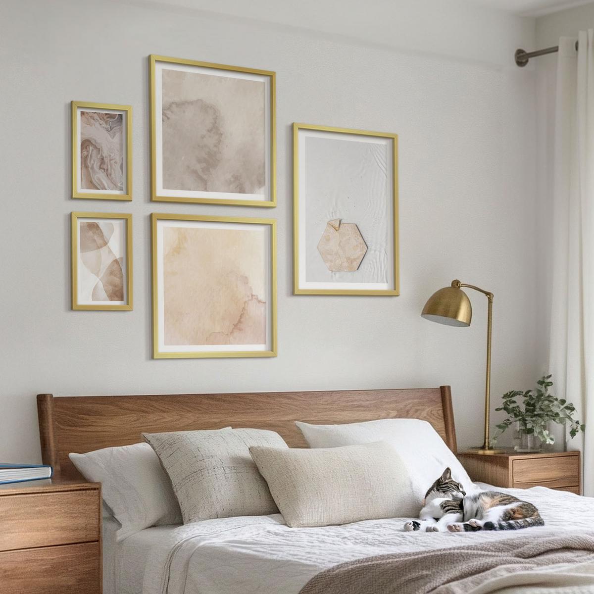 BILDER SET 5er Set - 50x50 cm & 20x30 cm & 40x60 cm Goldrahmen - Designabstraktion, Naturinspiration - Goldfarben, Kunststoff (40/60cm) - TULUP