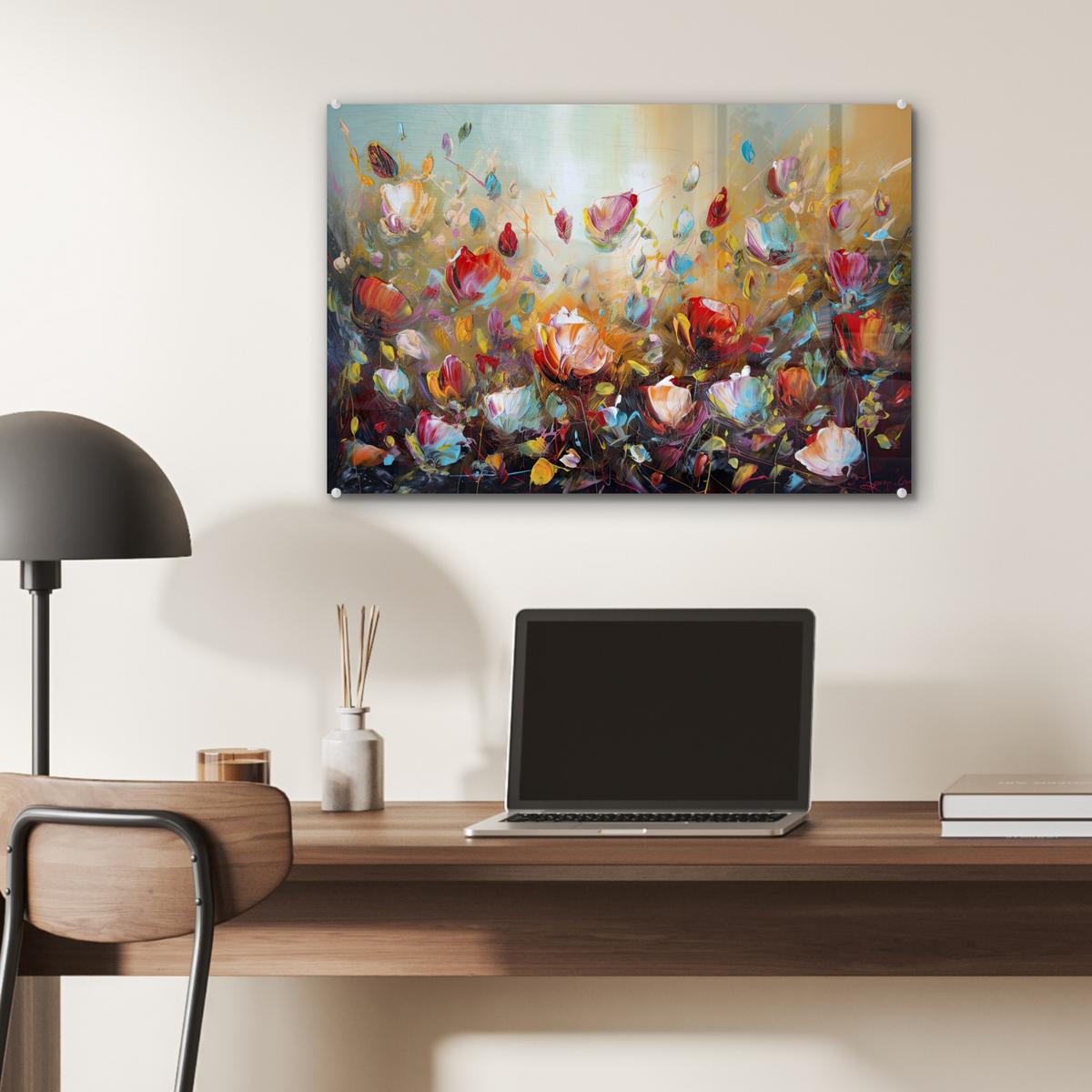 ACRYLGLASBILD Blumen - Kunst - Natur - Ölgemälde Wanddeko 60x40 cm - Multicolor, Glas (60/40cm) - MuchoWow