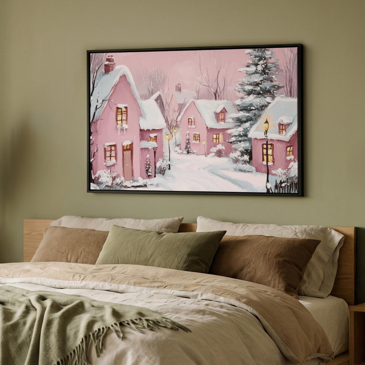 LEINWAND Bilder mit Rahmen - Weihnachtsdorf - Rosa - Winter - Schnee - Häuser - 90x60 - Altrosa, Textil (90/60cm) - MuchoWow