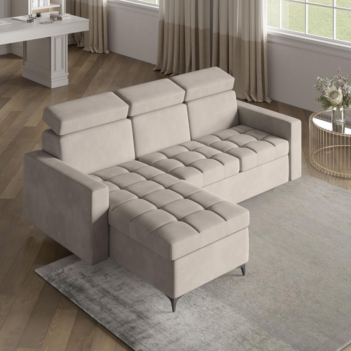ECKSOFA KAME Beige Plüsch-Stoff mit Schlaffunktion - Beige/Schwarz, Holz/Textil (227/168cm) - MASSENO