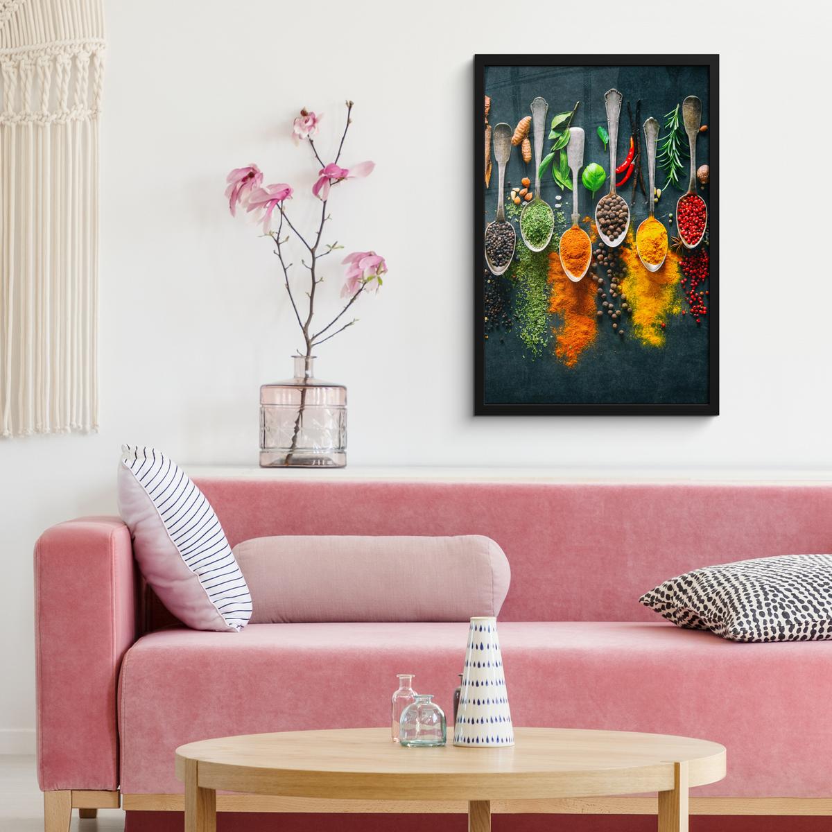 POSTER MIT RAHMENGERAHMTES BILD Kräuter - Gewürze - Löffel Bilder mit Rahmen 40x60 cm - Currygelb, Papier (40/60cm) - MuchoWow