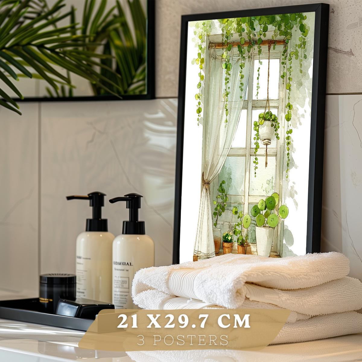 POSTER 3er-Set dekorative Badezimmerbilder im Naturstil mit grünen Pflanzen, Dusche und Ablage, minimalistisches, Wohndekoration Schwarzer Rahmen A4 - Schwarz, Papier (29.7/21/3cm) - Nacnic