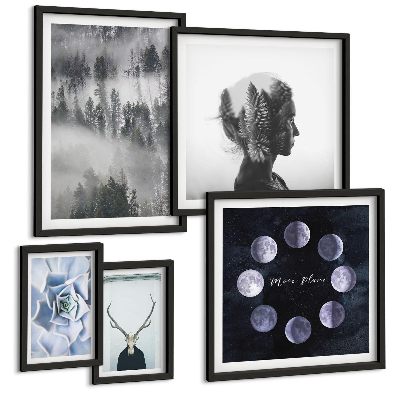 BILDER SET 5er Set - 50x50 cm & 20x30 cm & 40x60 cm Schwarzer Rahmen - Waldnebel, Mond, Schädel, Frau - Schwarz, Kunststoff (40/60cm) - TULUP