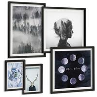 BILDER SET 5er Set - 50x50 cm & 20x30 cm & 40x60 cm Schwarzer Rahmen - Waldnebel, Mond, Schädel, Frau - Schwarz, Kunststoff (40/60cm) - TULUP
