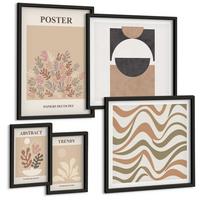 BILDER SET 5er Set - 50x50 cm & 20x30 cm & 40x60 cm Schwarzer Rahmen - Abstrakte Formenmuster - Schwarz, Kunststoff (40/60cm) - TULUP
