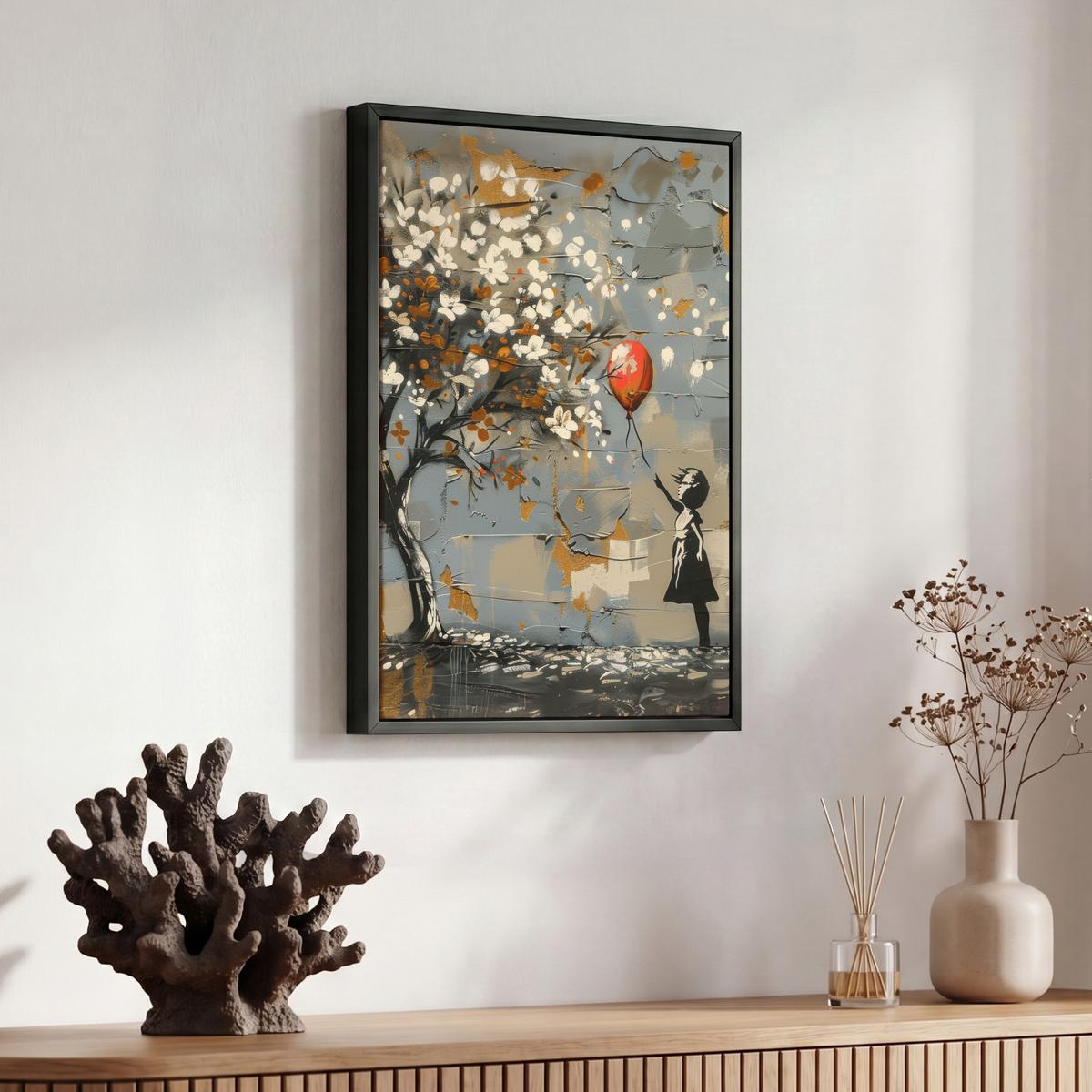 LEINWAND Bilder mit Rahmen - Baum - Graffiti - Banksy-Stil - Ballon-Mädchen - 30x40 - Blaugrau, Textil (30/40cm) - MuchoWow