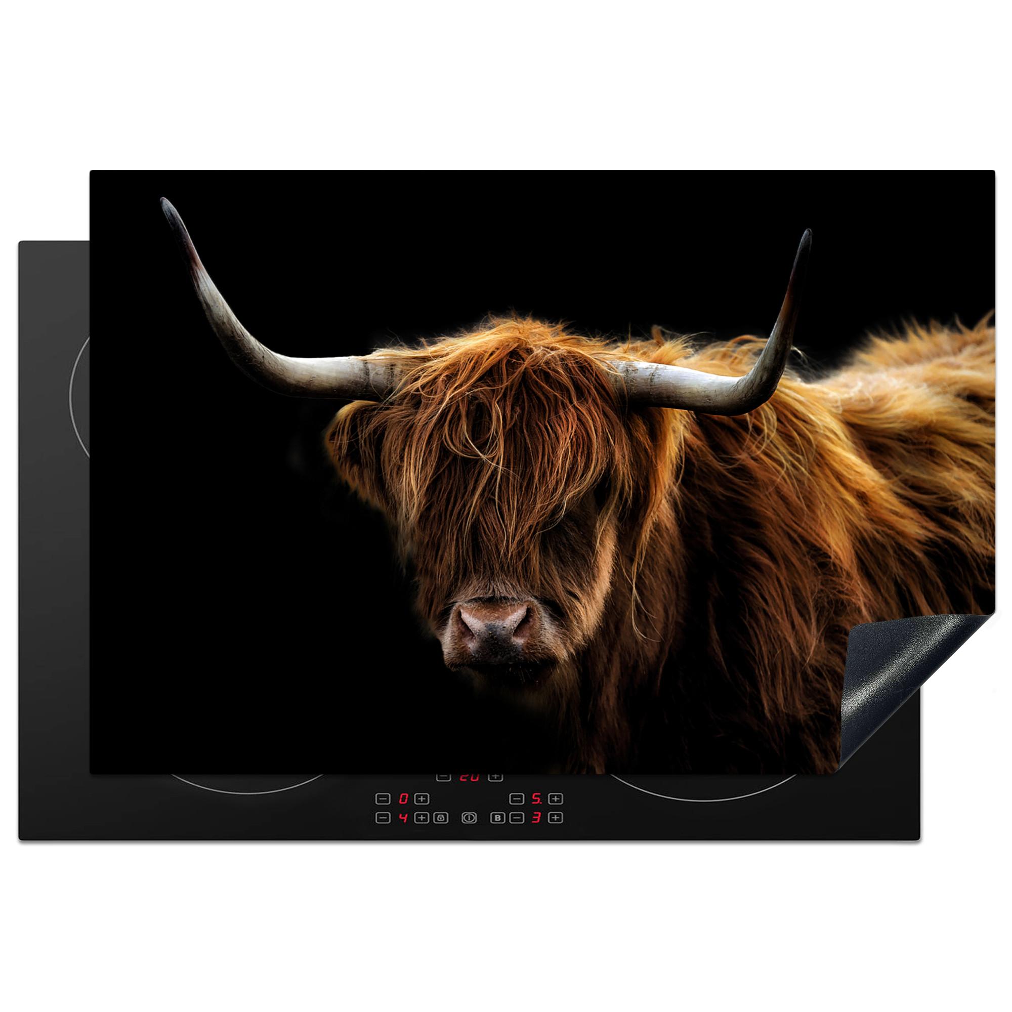 HERDABDECKPLATTE Schottischer Highlander - Hörner - Schwarz - Tiere - Natur - Wild - Kuh Ceranfeldabdeckung 78x52 cm - Cognac, Kunststoff (78/52/0.2cm) - MuchoWow