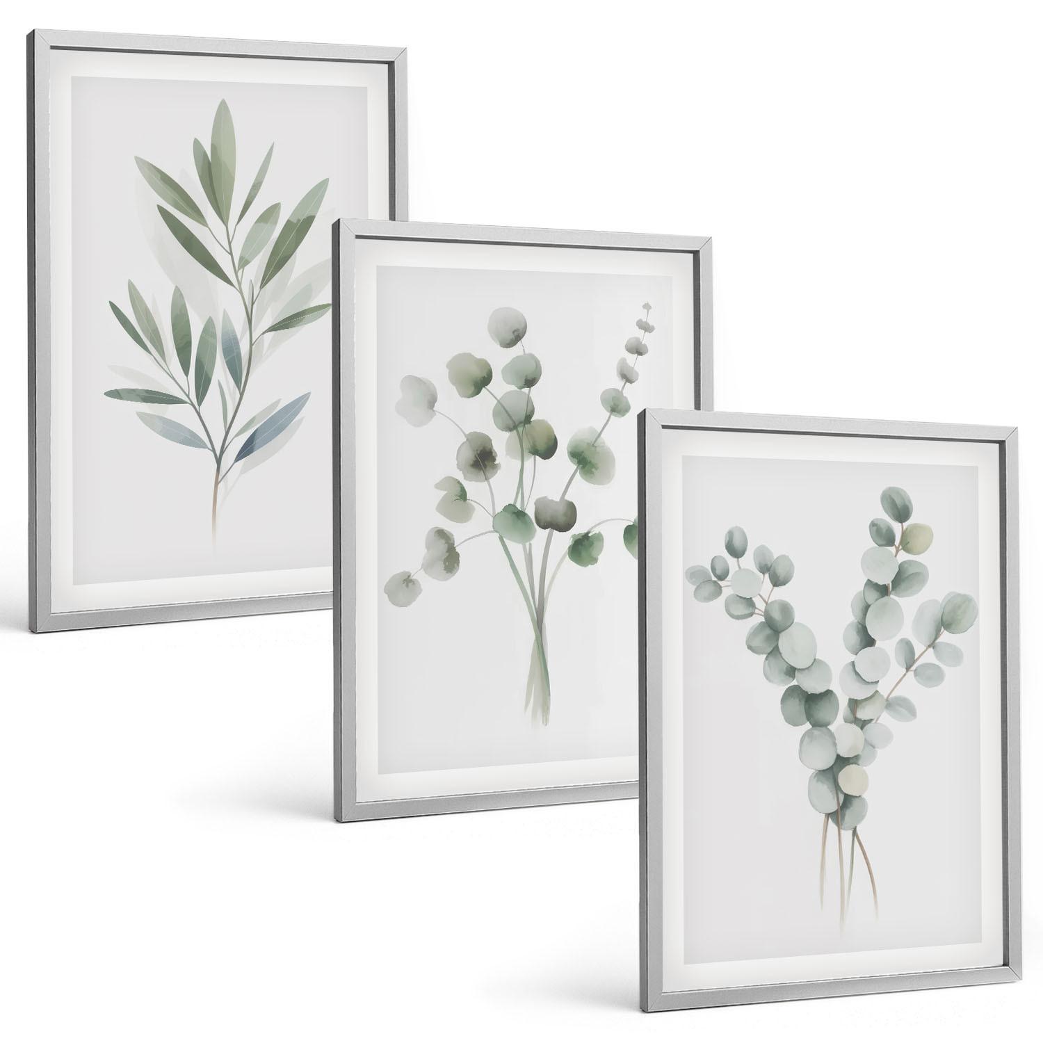 BILDER SET 3er Set - 40x60 cm Silberner Rahmen - Pflanzenmuster mit Grün - Silberfarben, Kunststoff (40/60cm) - TULUP