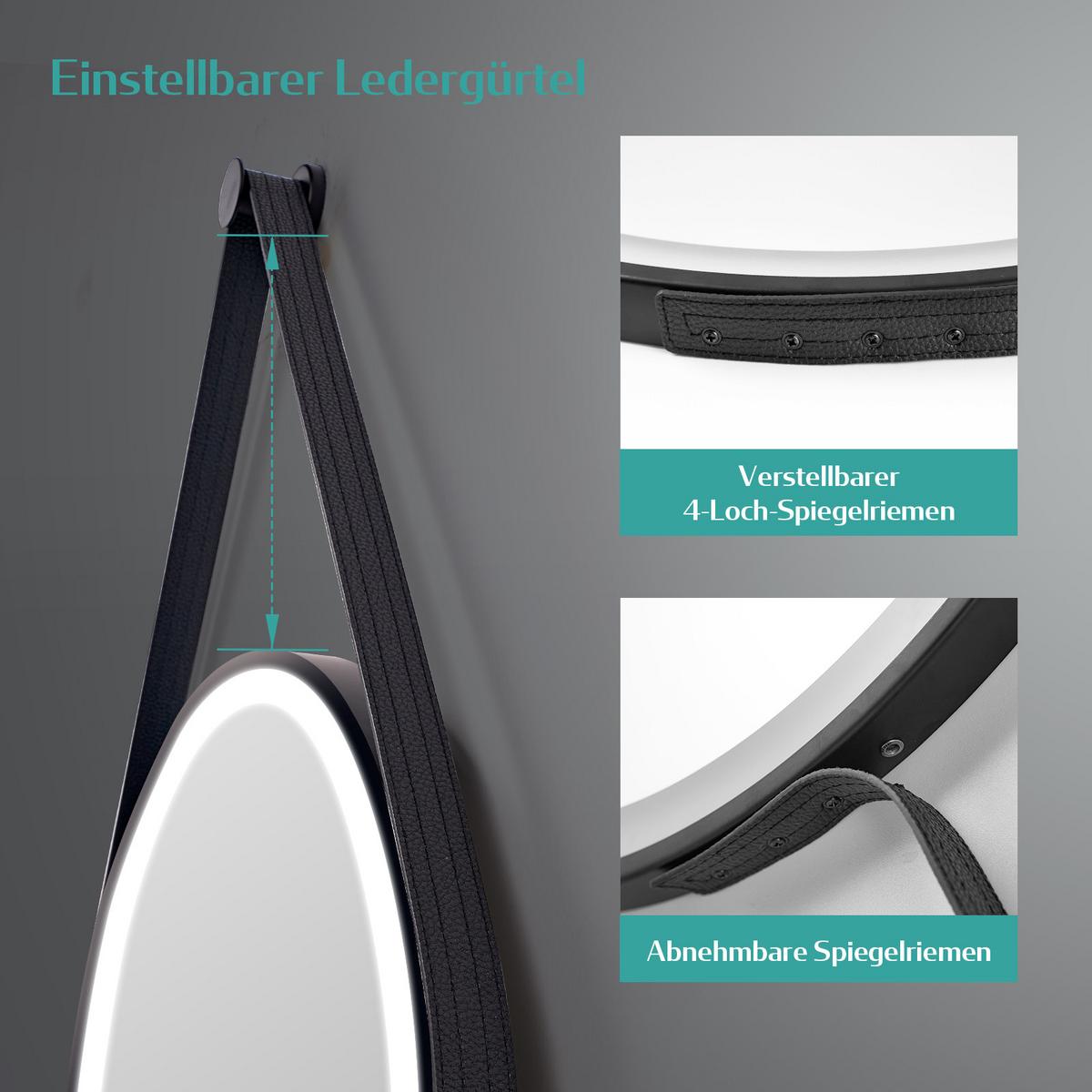 BADSPIEGEL Rund mit Touch-Schalter Beleuchtung mit Hängeriemen Schwarz Ø 80 cm - Schwarz, Glas (80/80/3.5cm) - EMKE