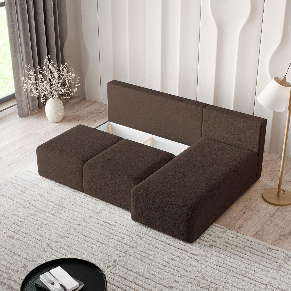 ECKSOFA TRAMA Braun Boucle-Stoff mit Schlaffunktion - Braun, Holz (200/143cm) - MASSENO