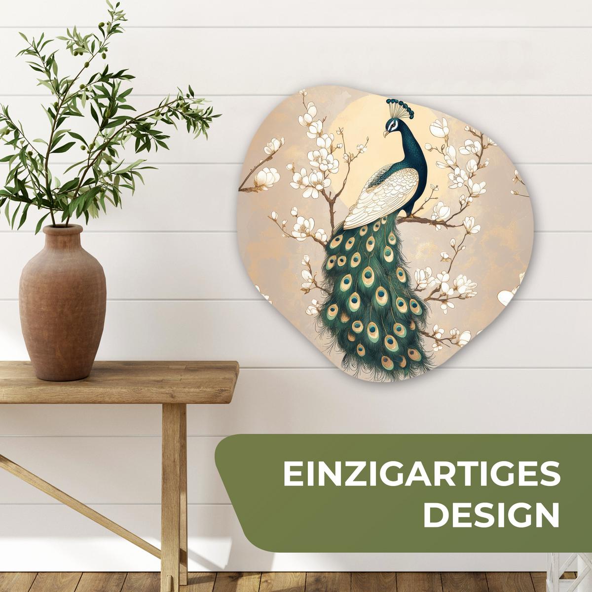 WANDBILD Pfau - Zweig - Blumen Wandbild 60x60 cm - Champagner, Kunststoff (60/60cm) - MuchoWow
