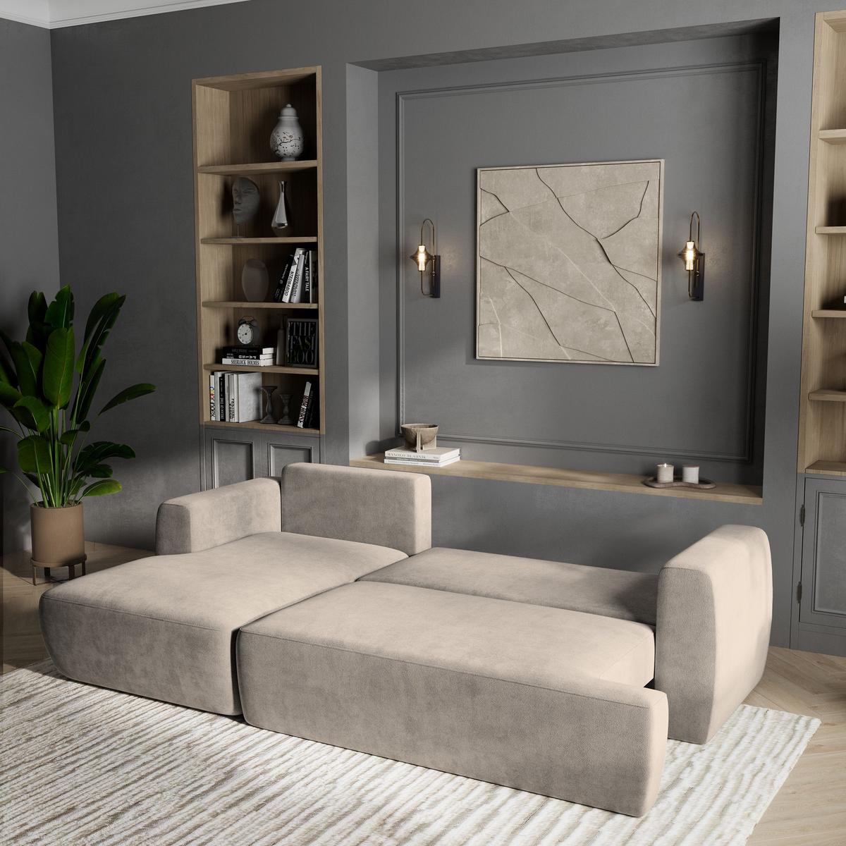 ECKSOFA SENTI K L-S Beige Plüsch-Stoff mit Schlaffunktion - Beige/Schwarz, Holz/Kunststoff (246/148cm) - MASSENO