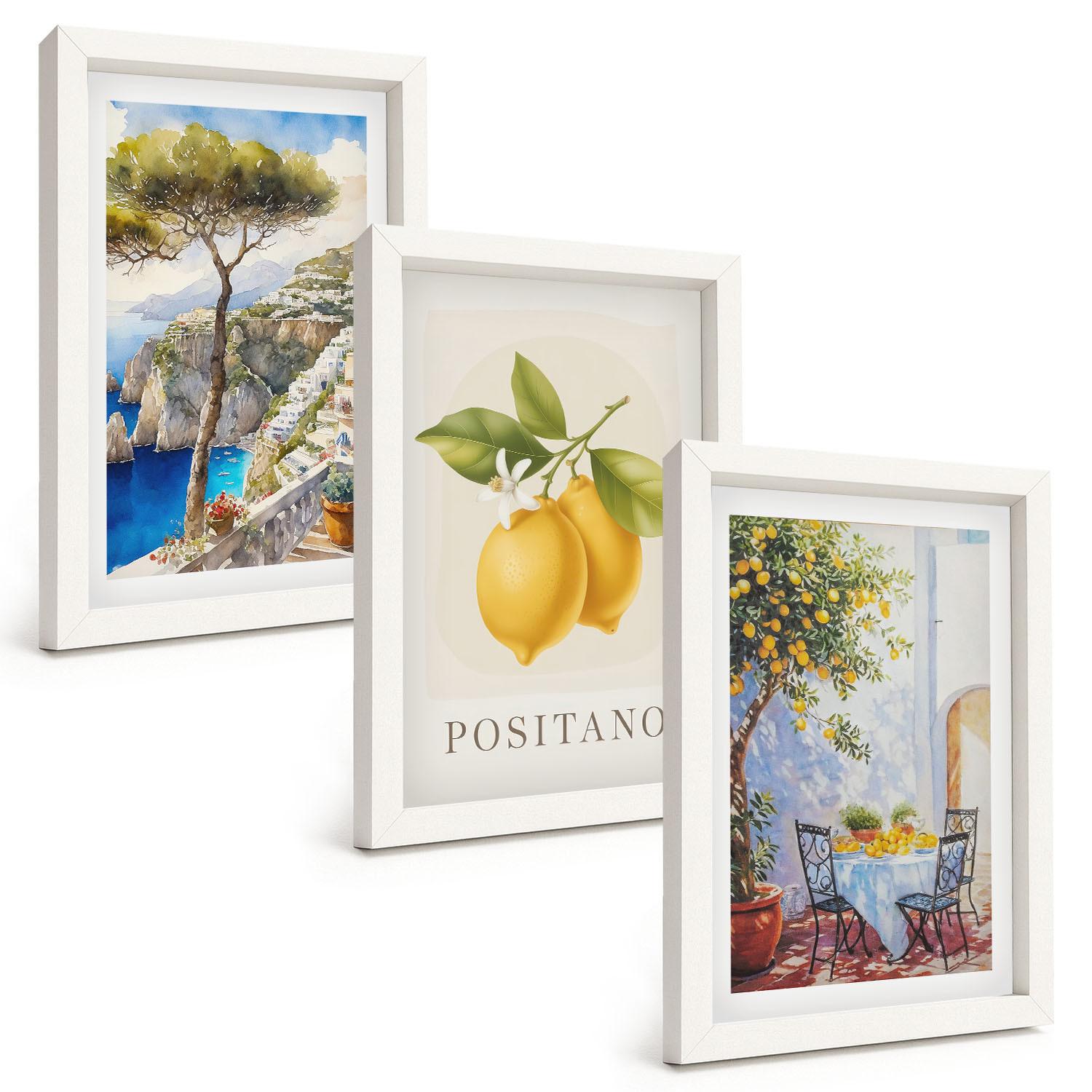 BILDER SET 3er Set - 20x30 cm Weißer Rahmen - Ansichten von Positano mit Zitronen - Weiß, Kunststoff (20/30cm) - TULUP