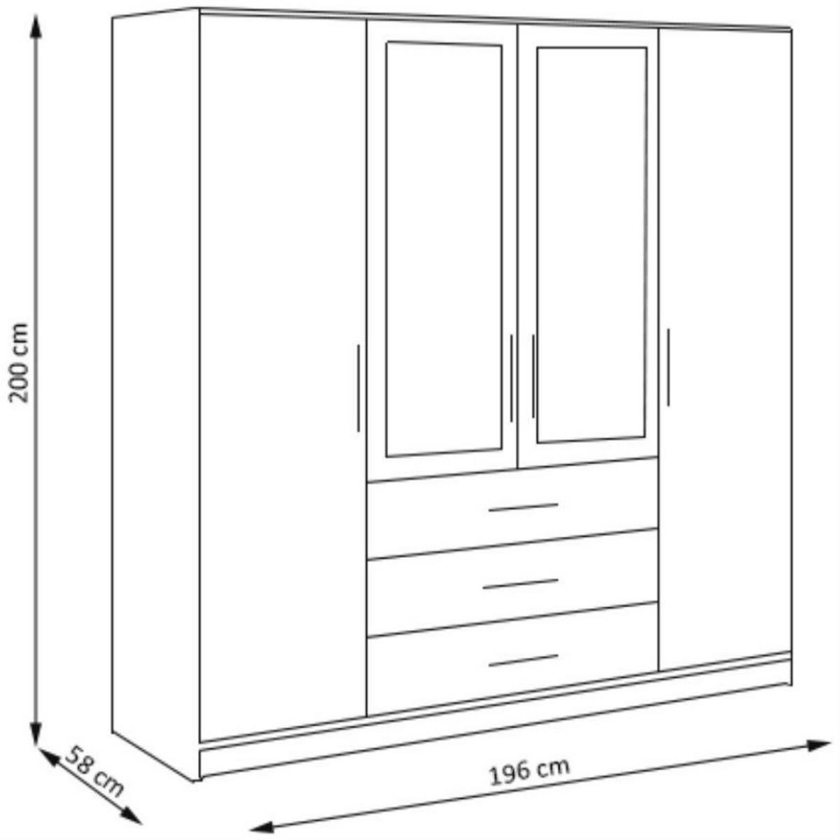 DREHTÜRENSCHRANK Bali 4-Türen, mit 3 Schubladen und Spiegel, Weiß - Weiß, Holzwerkstoff (196/200/58cm) - Beautysofa