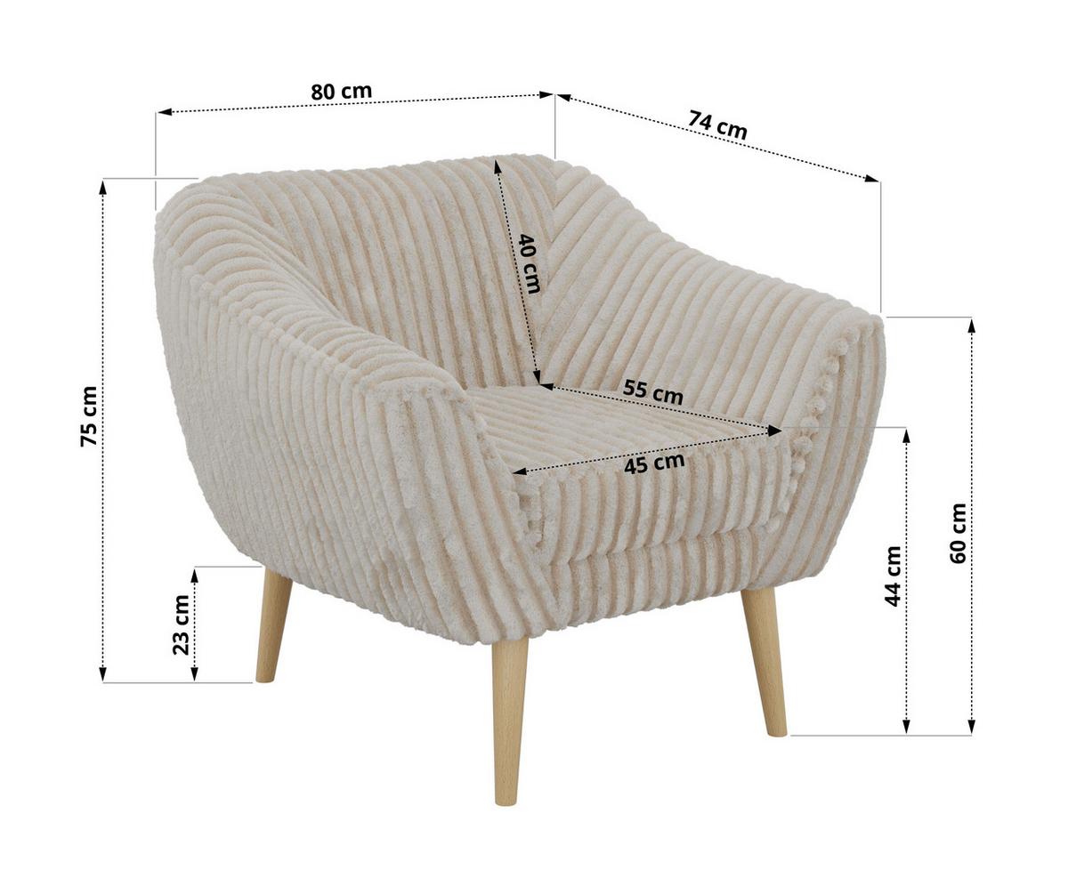 SESSEL PIRS - Beige Cord - Holzbeine - Beige/Buchefarben, Holzwerkstoff/Textil (80/75/74cm) - MKS