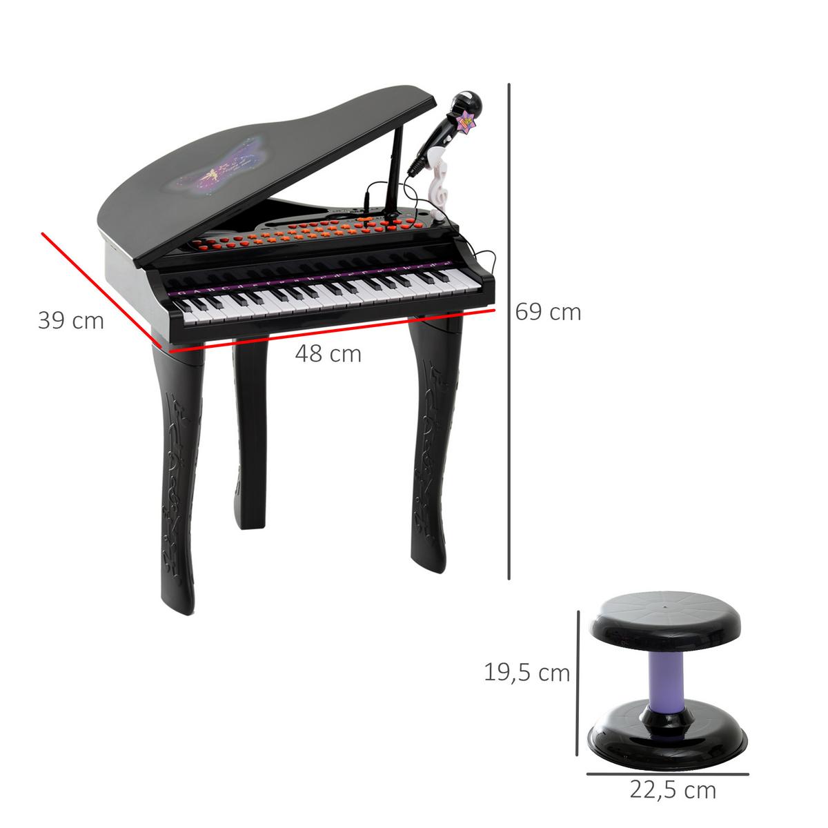KINDER Klavier Piano Keyboard Musikinstrument MP3 USB 37 Tasten mit Hocker - Schwarz, Kunststoff (39/69/48cm) - HOMCOM