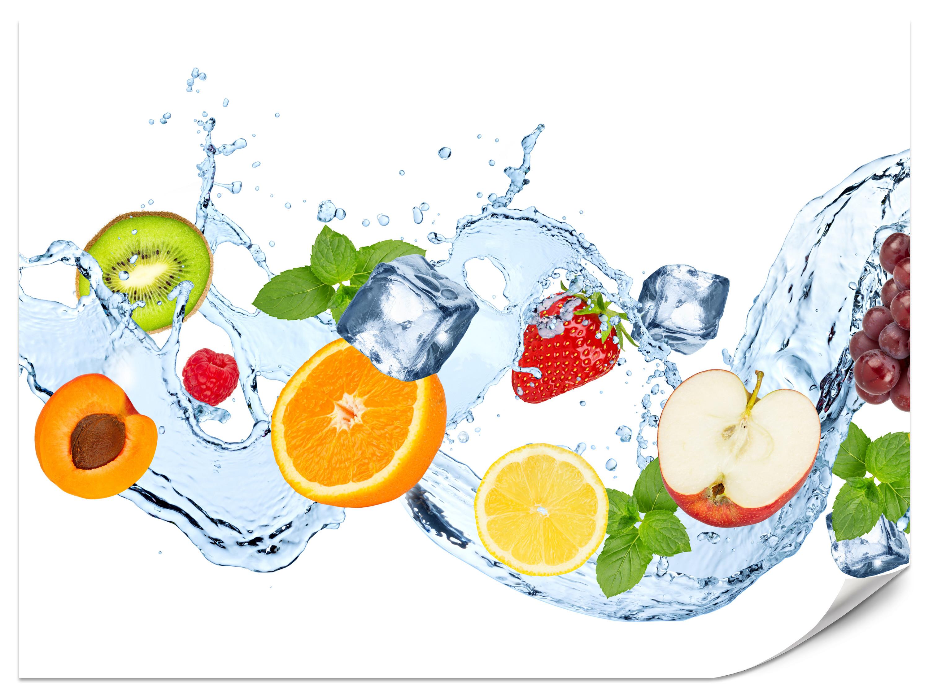 FOTOTAPETE für Küche Erfrischende Früchte Eis Wasser Orange Minze Zitrone Kiwi 500x350 - Gelb/Rot, Papier (500/350cm) - Muralo