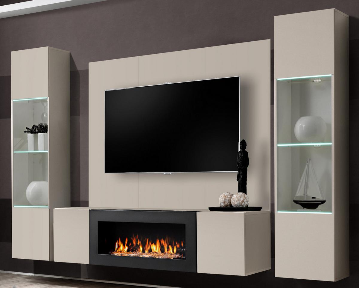 WOHNWAND Kaschmir 4-teilig 260 cm hängend, Anbauwand mit Ethanol Kamin - Kaschmir, Glas/Holzwerkstoff (260/170/40cm) - Inn.Furn