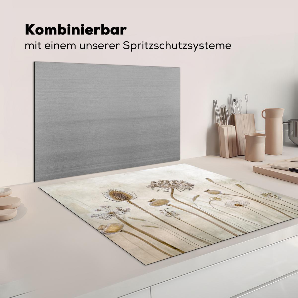 HERDABDECKPLATTE Blumen - Aquarell - Stilleben - Braun - Vintage Induktionsmatte 78x78 cm - Sandfarben, Kunststoff (78/78/0.2cm) - MuchoWow