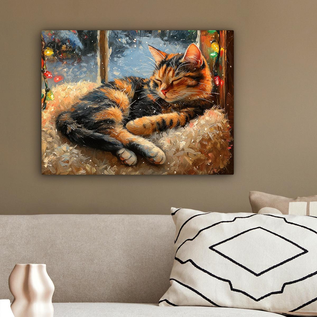 LEINWANDBILD Katze - Weihnachten - Winter - Tier Wandbild 40x30 cm - Bernsteinfarben, Textil (40/30cm) - MuchoWow