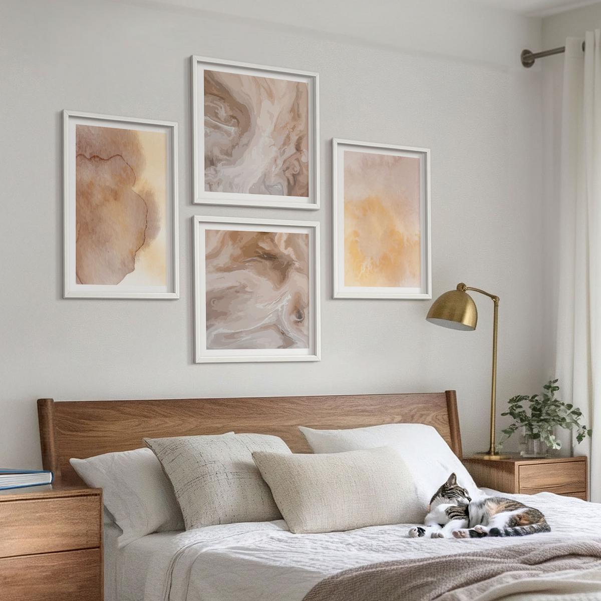 BILDER SET 4er Set - 50x50 cm & 40x60 cm Weißer Rahmen - Warme Aquarellfarben auf Leinwand - Weiß, Kunststoff (50/50cm) - TULUP