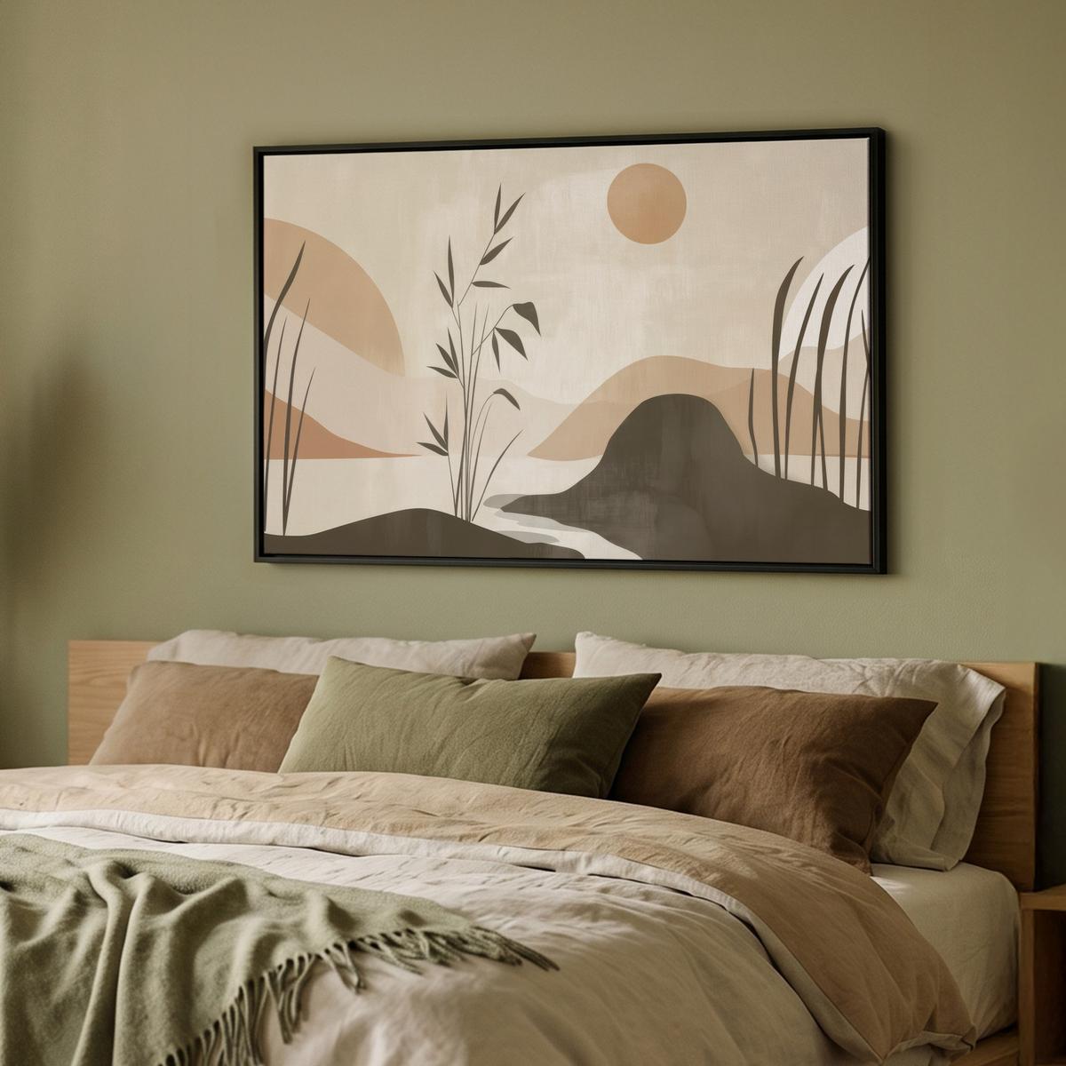 LEINWAND Bilder mit Rahmen - Japandi - Landschaft - Beige - 90x60 - Cognac, Textil (90/60cm) - MuchoWow