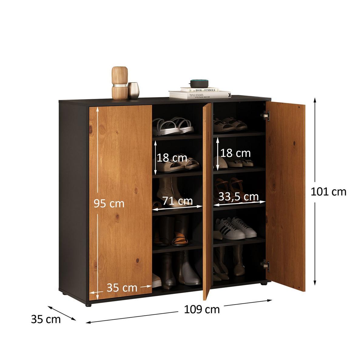 SCHUHSCHRANK MIRAN schwarz/Eiche - Eichefarben/Schwarz, Holz (109/100/35cm) - IDIMEX
