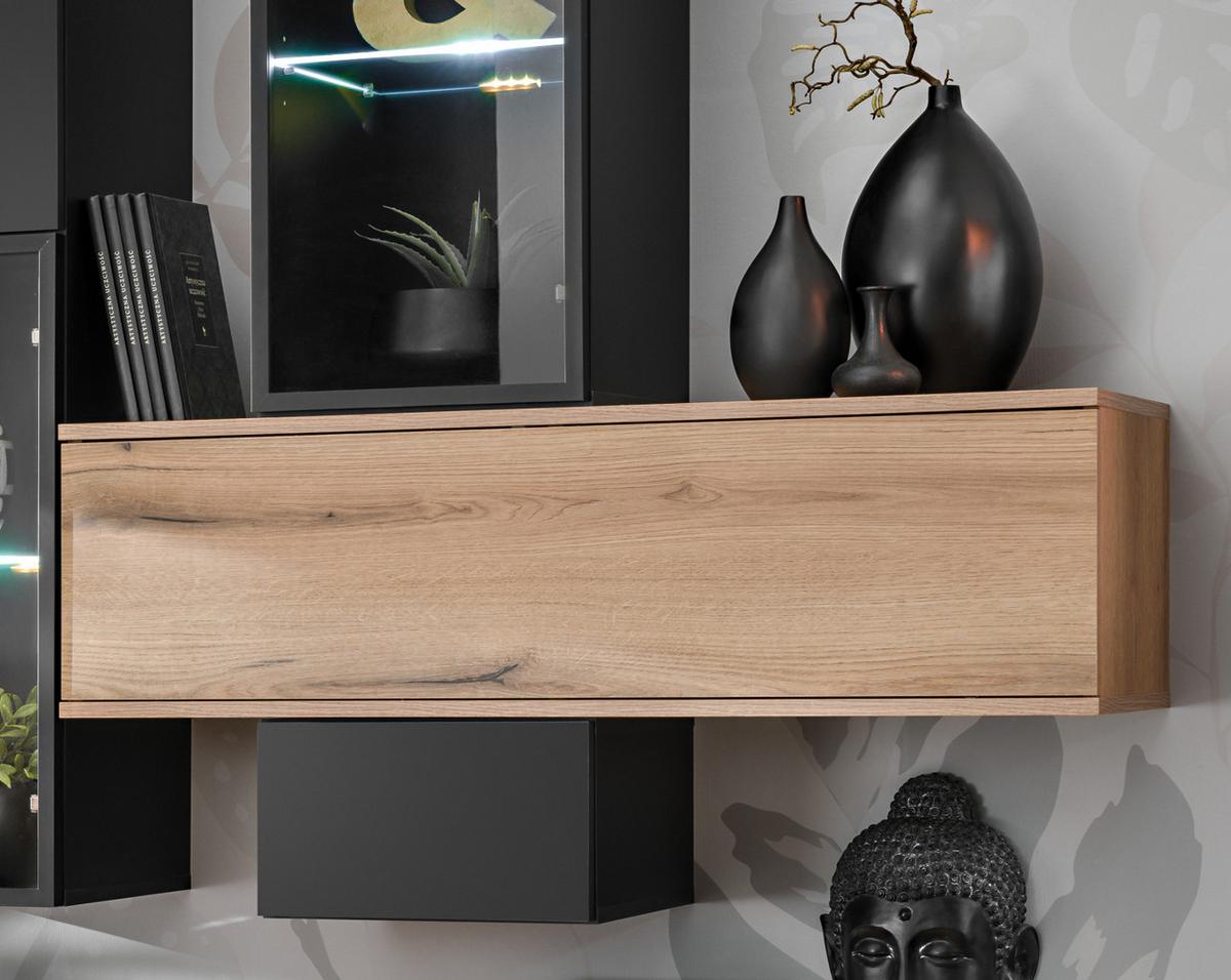 WOHNWAND Eiche, schwarz 280 cm, Schrankwand mit Push-to-Open inklusive Beleuchtung - Eichefarben/Schwarz, Glas/Holzwerkstoff (280/180/45cm) - Furn.Design