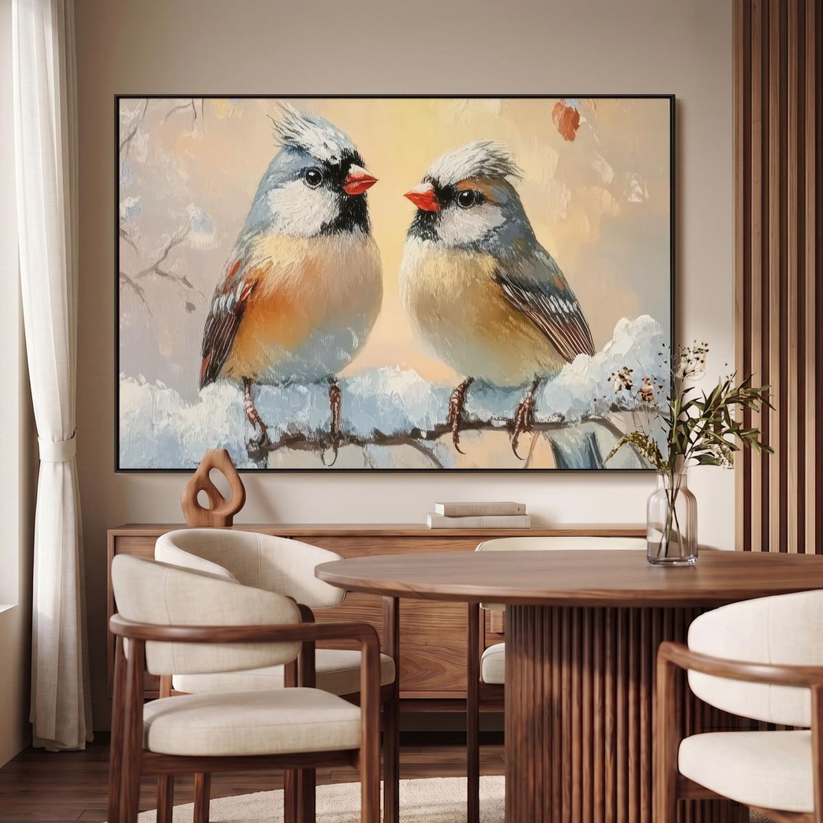 LEINWAND Bilder mit Rahmen - Vögel - Zweig - Winter - Schnee - 140x90 - Pastellblau, Textil (140/90cm) - MuchoWow