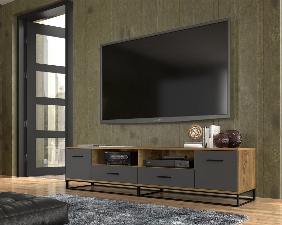 TV LOWBOARD Dunkle Eiche, Schwarz 190/45/42 - Schwarz, Holzwerkstoff (190/45/42cm) - RAUMHIRSCH FURNITURE