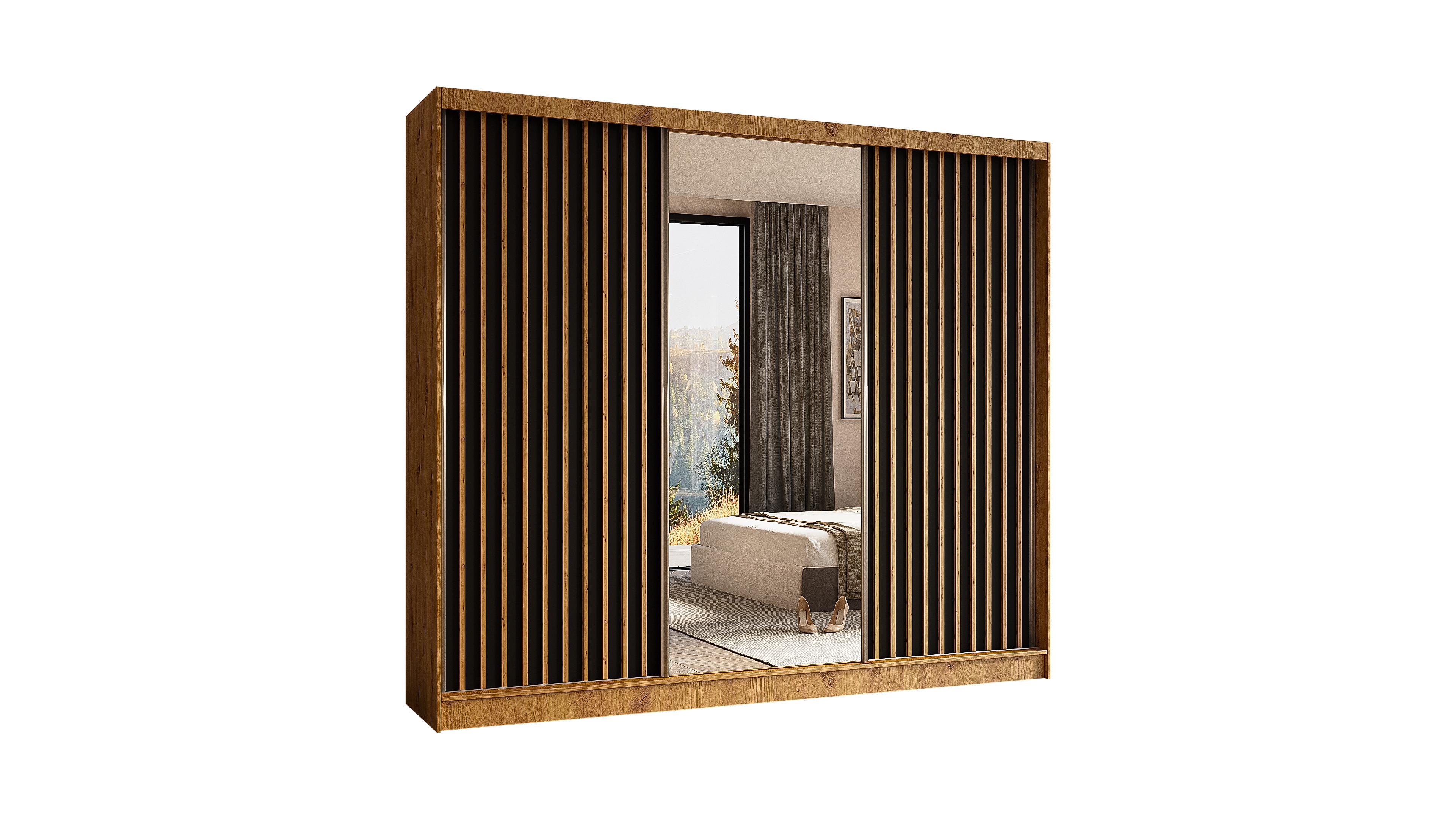 KLEIDERSCHRANK mit Spiegel-Schiebetüren und Aluminium-Leisten, LED-Beleuchtung - LAMELO- 240 cm Artisan+Schwarz+Artisan - Braun, Holzwerkstoff (240/216/61cm) - ALTDECOR
