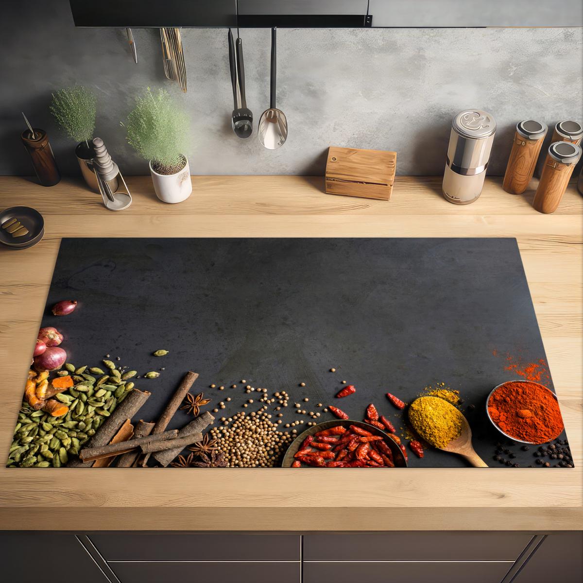 HERDABDECKPLATTE Kräuter - Lebensmittel - Gewürze - Schwarz - Paprika - Zimt Induktionsschutz 91.2x52 cm - Currygelb, Kunststoff (91.2/52/0.2cm) - MuchoWow