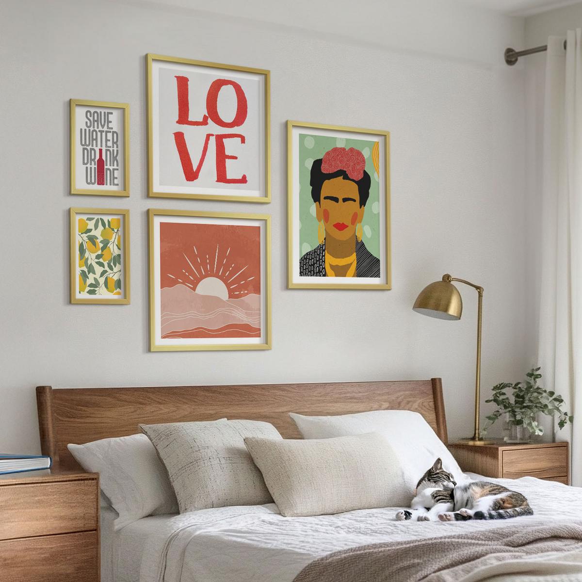 BILDER SET 5er Set - 50x50 cm & 20x30 cm & 40x60 cm Goldrahmen - Zitronen Inschrift Liebeslandschaft Frida - Goldfarben, Kunststoff (40/60cm) - TULUP