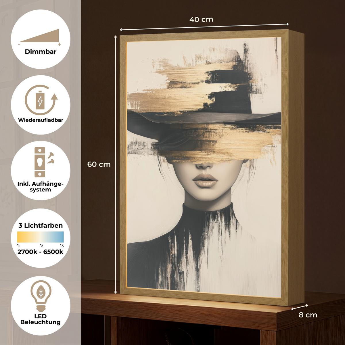 WANDLEUCHTE MIT AKKU Frau - Hut - Farbe 40x60 cm - Creme, Holzwerkstoff (40/60/8cm) - OnlyWow