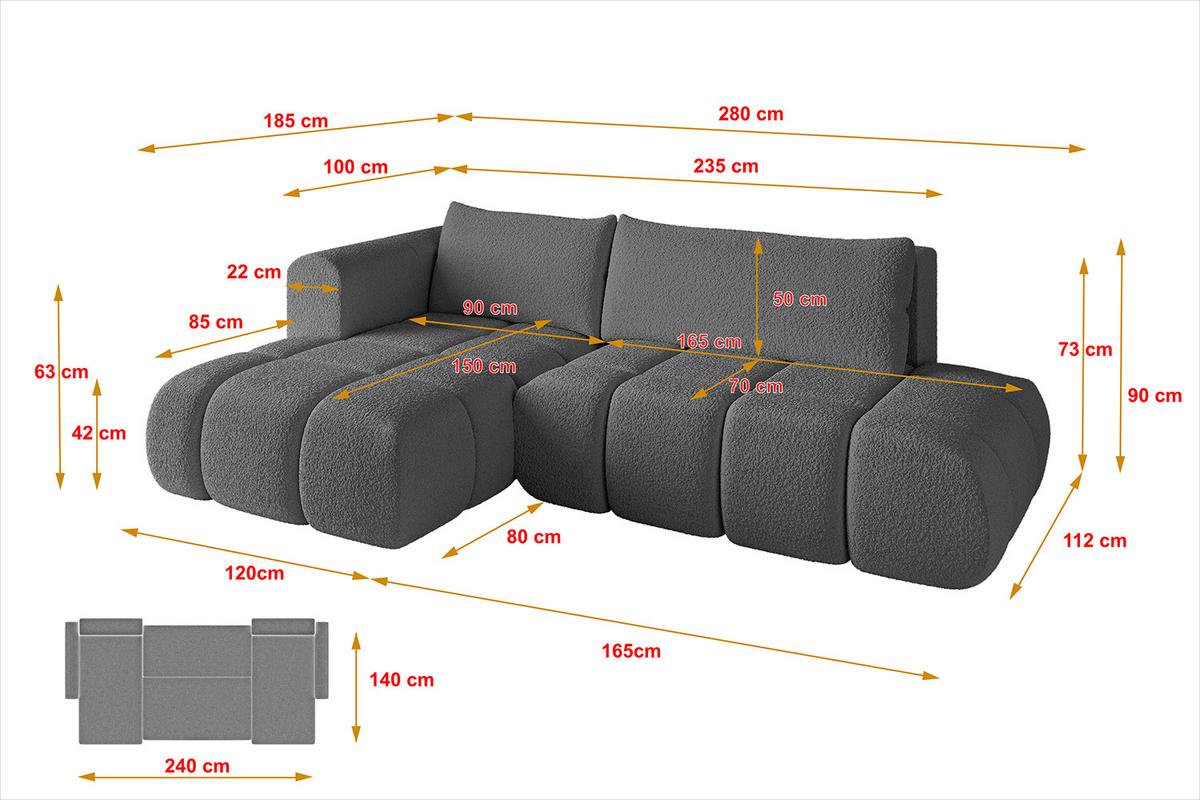 ECKSOFA Ottomane Links CLOUD-L 280x185x90 Grau Bouclé - Grau, Holzwerkstoff/Kunststoff (280/185cm) - ALTDECOR