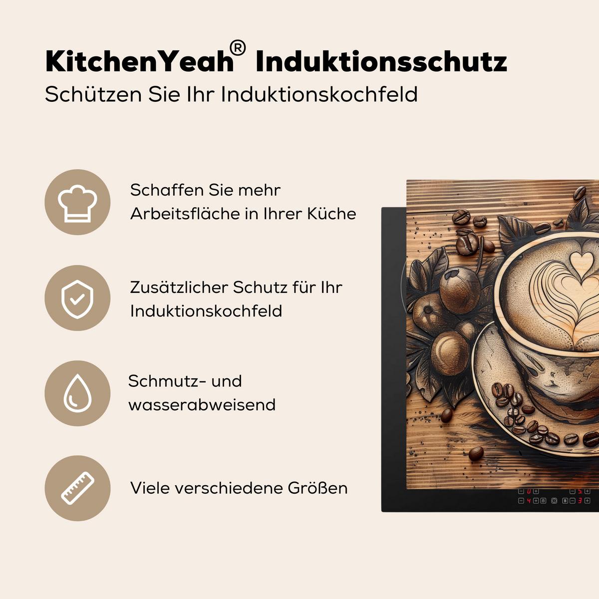 HERDABDECKPLATTE Kaffee - Vintage - Braun - Tasse - Holz Abdeckung Ceranfeld 58.3x51.3 cm - Cappuccino, Kunststoff (58.3/51.3/0.2cm) - MuchoWow