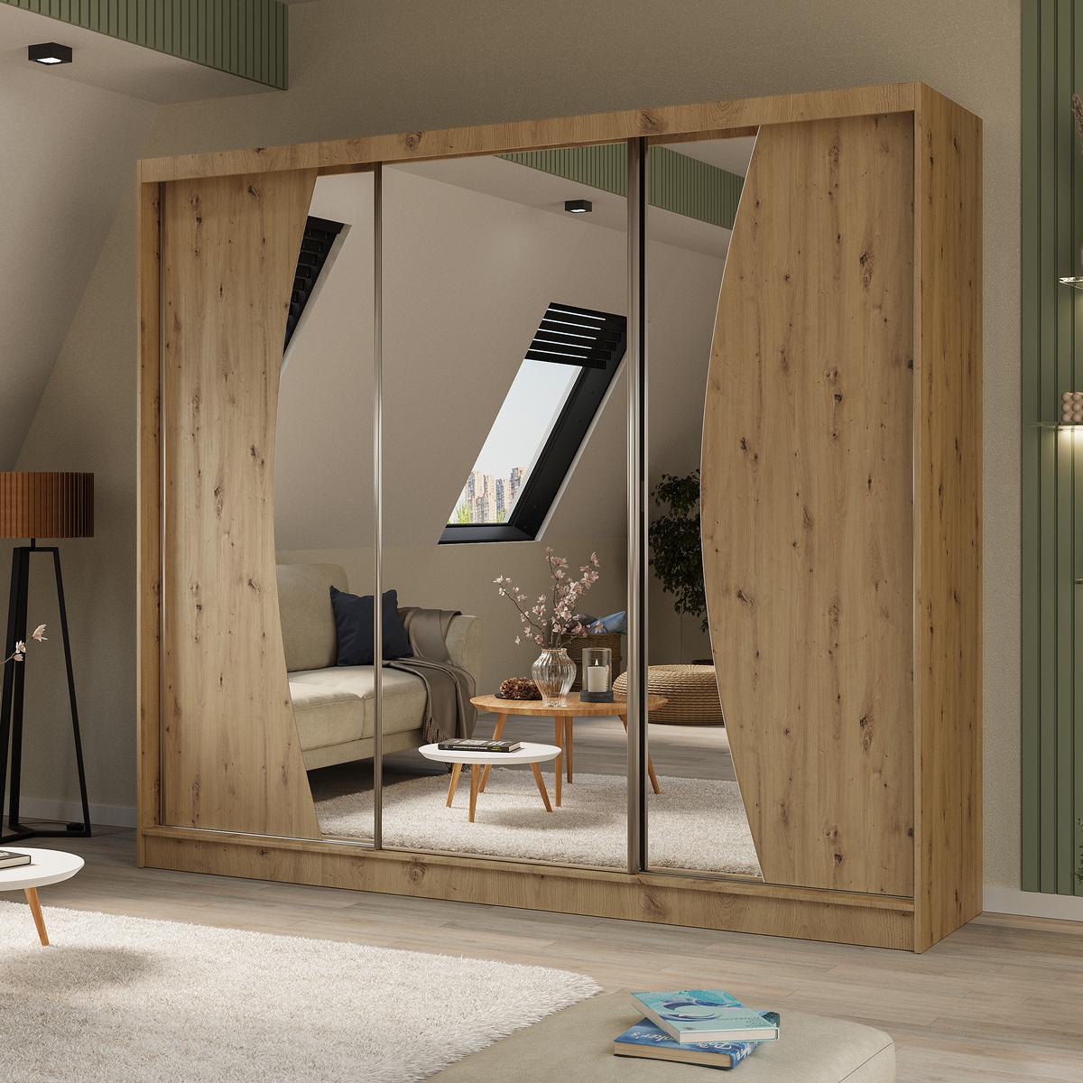 SCHWEBETÜRENSCHRANK Vox II 240/216/61 eiche Artisan mit Spiegel und Schubladen - Eiche Artisan, Holzwerkstoff (240/216/61cm) - Beautysofa